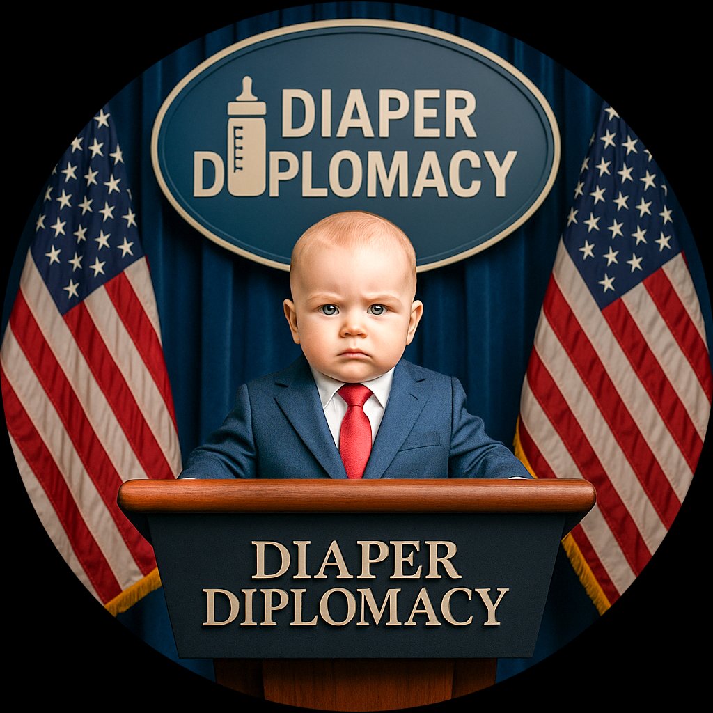 Baby Donald Trump at an executive-order desk with folders, microphones, and a serious briefing-room stare.